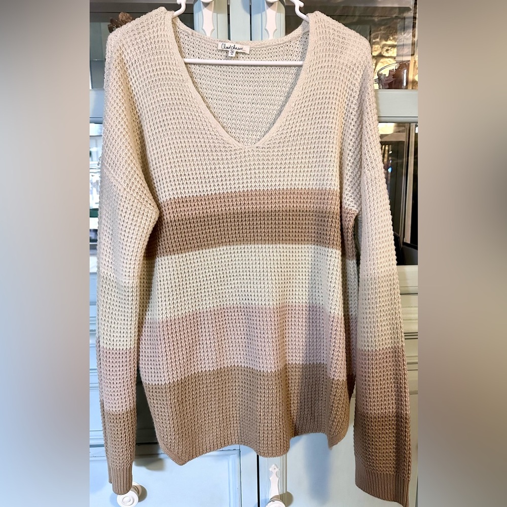 Cloud Chaser Cream and Tan V-Neck Sweater